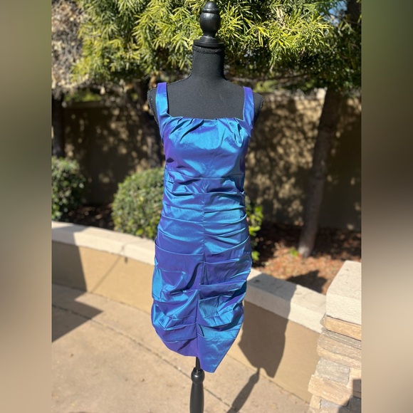 Sangria, Blue Ruched Cocktail Dress - Picture 1 of 8